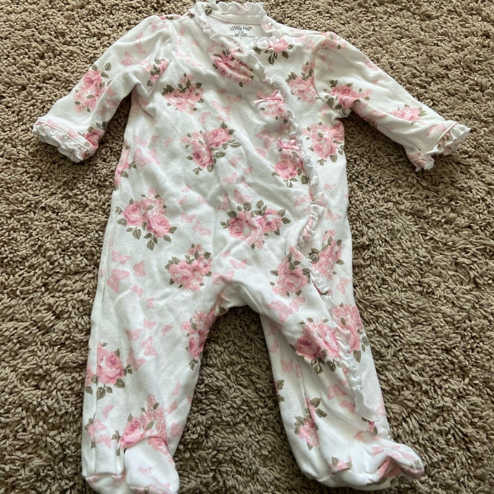 Little Me White and Pink Rose and Butterfly Print Footed Onesie
